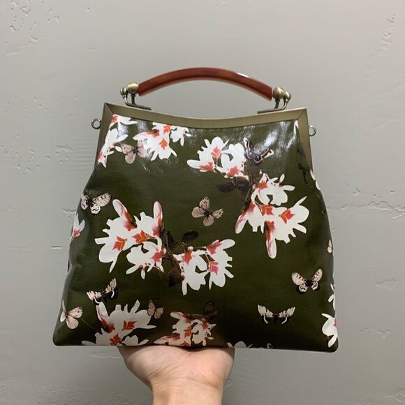 Handmade Genuine Leather Floral Print, Vintage Style Double Kisslock Handbag Set - Picture 6 of 16